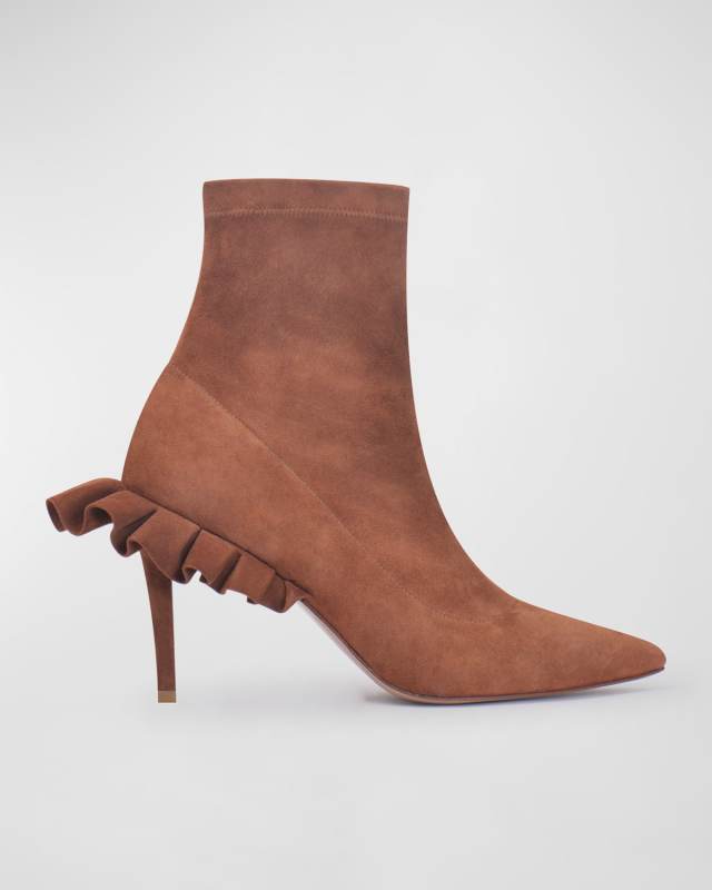 Stretch Suede Ruffle Stiletto Ankle Boots